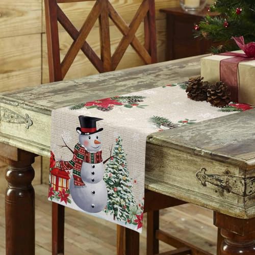 Christmas Snowman Poinsettia Table Runner-Cotton Linen-36 Inch Holiday Dresser Scarves, Floral Eucalyptus Swirls Snowflake Tablerunner for Kitchen Coffee/Dining Bedroom Living Room Dinner Scarf Décor - color: Christmas, size: 13x36 Inch