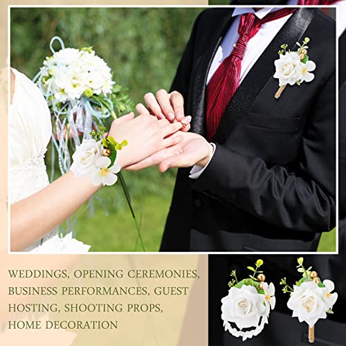Sherr 20 Pcs White Rose Wrist Corsage and Boutonnier Set Wedding Flower Corsage Wristlet Band Bracelet Bridegroom Men's Boutonniere Wristlet Hand Flower for Wedding Bouquets Supplies - color: White