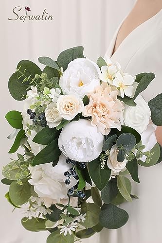 Serwalin 9.8 Inch Wedding Bouquets for Bride Bridesmaid, Forest White Peonies Bridal Bouquets for Bride, Wedding Flowers Bouquet Tossing Bouquet, Wedding Ceremony and Anniversary Day Decor - color: Bright Forest White