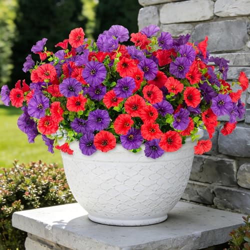 ADXORA 12 Bundles Morning Glory Artificial Flowers for Outdoor Decoration UV Resistant Fake Plastic Plants Artificial Greenery for Indoor Outdoor Garden Patio Window Box Home Decor - color: Red,dark Purple
