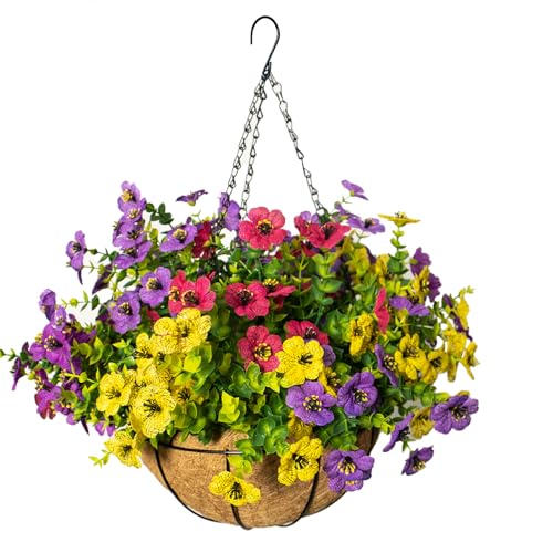 Artificial Hanging Flowers for Outdoors with Basket,UV Resistant Realistic Faux Hanging Plants Outdoor Artificial Flowers for Outdoors Basket for Yard Porch Patio Garden,12 Bundles Mix 4 Colors - color: Fuchsia+rose Red+purple+yellow