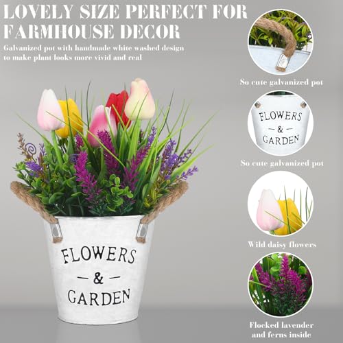 Summer Spring Flower Table Centerpiece, 10" Tall Fake Tulips Lavender in Vase Farmhouse Floral Arrangement Artificial Potted Plants for Rustic Home Office Patio Decor Gift