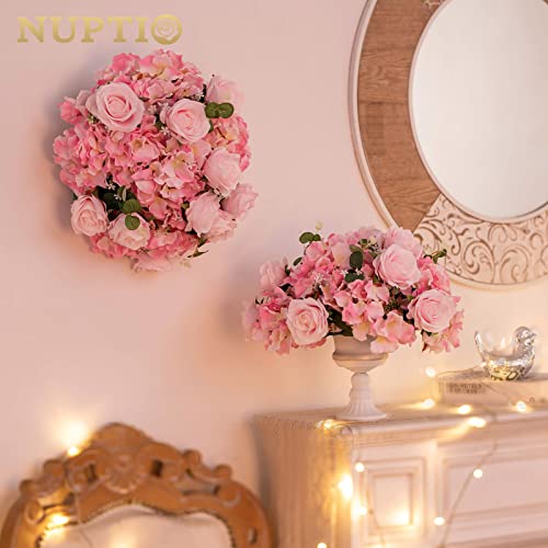 NUPTIO Flower Ball Arrangement Bouquet - 2 Pcs 14.2 inch Diameter Pink Fake Flowers Roses Balls for Centerpieces Tables - Artificial Rose Arrangements for Wedding Centerpiece Table Decorations - color: Pink, size: 14.2" Diam - 2 PCS