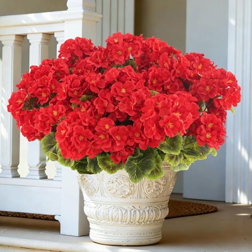BonBloom's 12 Pcs Red Geranium Artificial Flowers for Outdoors - UV Resistant & Realistic Fake Flowers, No Maintenance Silk Faux Plants for Garden Porch Patio Window Box Indoor Home Decor - color: Red, size: 12 pack