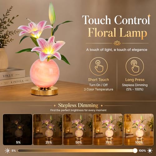 Lily Table Lamp, 3 Color Planet Night Light, Rechargeable Cordless Touch Dimming Artificial Flower Light, LED Flower Bedside Lamp Romantic Gifts for Girl Women Mom (Pink Lily) - color: Pink Lily