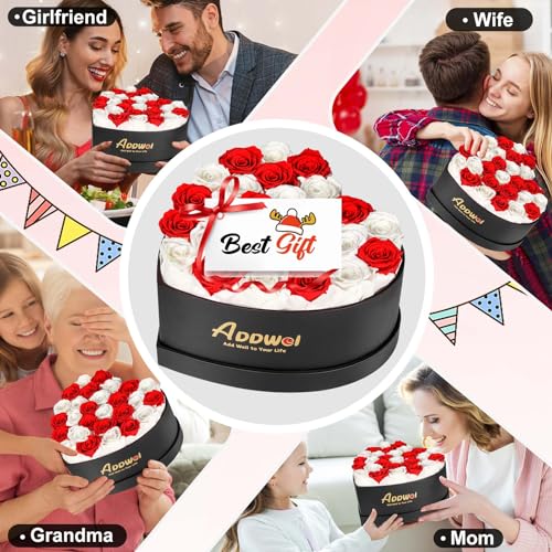 ADDWel Romantic Preserved Roses Bouquet for Her Anniversary, Birthday Flower Gifts for Women, 27-Pieces Eternal Roses with Natural Fragrance in Heart-Shape Box for Wife Girlfriend Mom - color: Red & White - 27 Roses