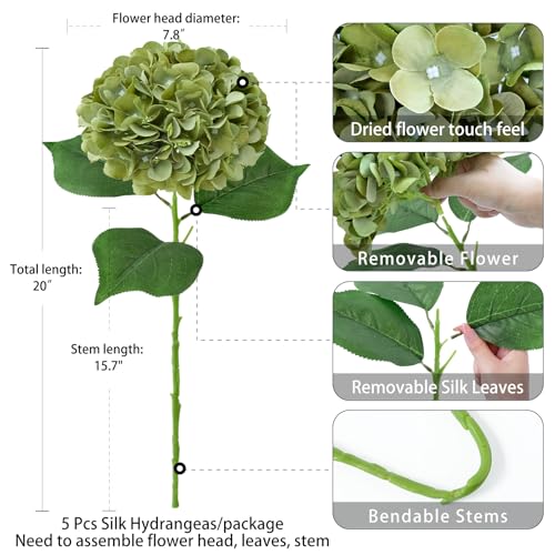 ZYTUYO 5 Pcs Silk Green Hydrangea Artificial Flowers - 20'' Faux Hydrangeas for Spring Indoor/Outdoor Home Decor & Wedding Arrangement - color: Green