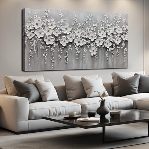 TYTAUPT Large White Flower Picture For Living Room,Floral Painting Wall Art For Dining Room Bedroom Hallway Decor 29 x 58 Inch - color: White Gary, size: 58"L x 29"W