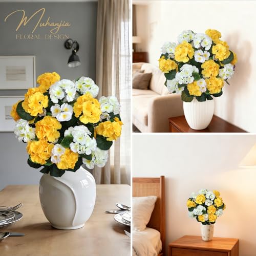 Muhanjia 26’’ Artificial Geranium Flowers for Outdoor Decoration,2PCS Silk Geranium Flowers UV Resistant Floor Plants for Garden Porch Patio Table Centerpieces Home Decor (White&Yellow) - color: White&yellow