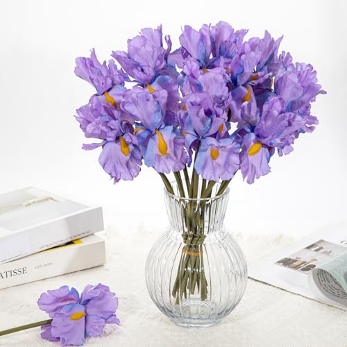 Hollyone Iris Artificial Flowers 15Pcs Faux Iris Flowers 14.2" Real Touch Light Purple Fake Flowers Picks Bouquets for Wedding Bridal Home Arrangements Office Table Centerpieces Decor - color: Light Purple