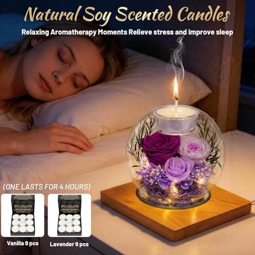 ENERLEAF Preserved Purple Real Rose in Glass with Scented Candles – Forever Flower Romantic Anniversary Christmas Birthday Valentines for Mom, Women, Wife, Girlfriend, Her, Grandma - color: Glass-purple