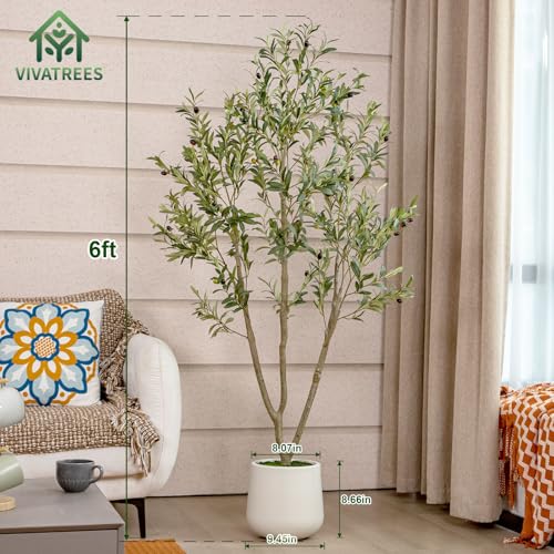 VIVATREES Olive Trees Artificial Indoor, 6FT Tall Faux Olive Tree with White Tall Planter, Artificial Plants with Natural Wood Trunk and Lifelike Fruits for Home Office Decor - color: White-6ft
