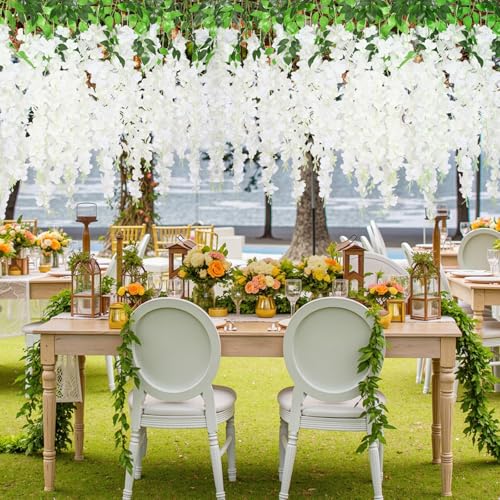 24Pcs Artificial Wisteria Hanging Flowers, 3.6Ft/Pcs White Fake Wisteria Garland for Wedding Party Home Garden Indoor Outdoor Decoration - color: White, size: 24Pcs