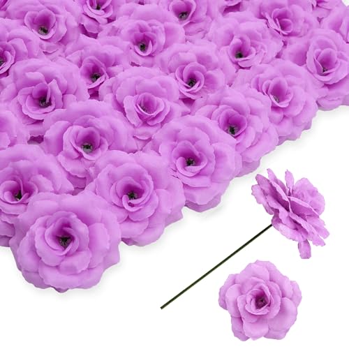 Rose Artificial Flowers, 50Pcs White Roses Head Flowers Bulk with Stem, 3 Inches Silk Rose Fake Flower Head for Wedding Party Home Decor DIY Baby Shower Centerpieces Tables Decoration (Light Purple) - color: Light Purple