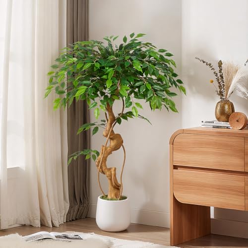 4ft Large Ficus Artificial Trees in White Pot, 48" Tall Fake Silk Tree with Natural Curved Trunk, Lush Faux Ficus Tree for Indoor Home Decor, Living Room, Office & Patio - size: 4ft