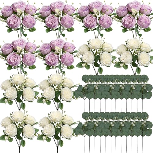 Peonies Artificial Flowers Bulk, 12 Bundles Lilac Fake Silk Peonies Faux Eucalyptus Bouquet Realistic Peony Floral Arrangement for Wedding Table Centerpiece Vase Decor (Lavender & White) - color: Lavender & White
