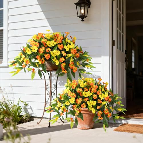 Hommyea Artificial Fake Hanging Flowers Plants Basket for Outdoors Outside Decoration UV Resistant Faux Silk Flowers Look Real Plastic Flowers for Spring Planters Home Porch Patio Garden Decor - color: 3psc Orange Yellow