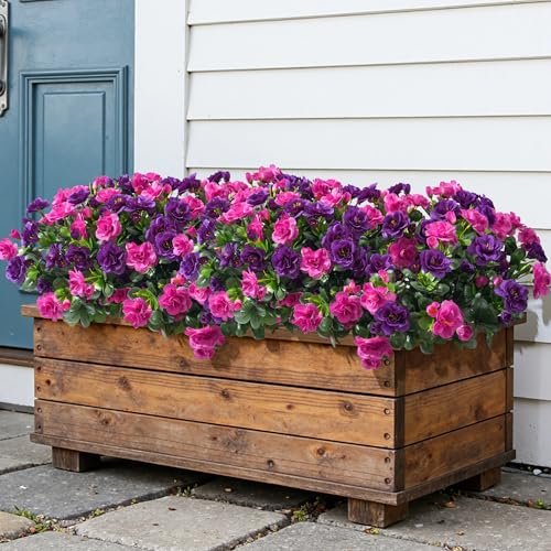Artificial Fake Outdoor Flowers Plants, Faux Silk Camellia Bundles UV Resistant No Fade Realistic for Planter Pot Outside Porch Patio Balcony Garden Yard Home Decor, 3 Large Bundles (Purple+Fuchsia) - color: Purple+fuchsia