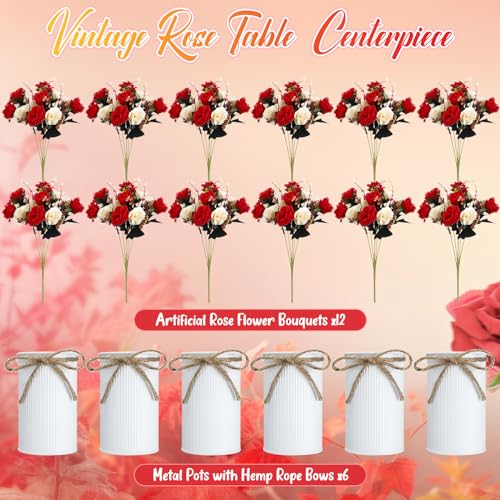 Domensi 6 Sets Wedding Centerpiece for Table Artificial Rose with Vase Fake Bouquets and Metal Pot Flower Arrangements for Bridal Shower Birthday Party Event Table Decor (Red) - color: Red