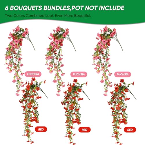 6 Bundles Artificial Flowers for Outdoors, UV Resistant Fake Hanging Flower, Realistic Silk Flowers for Indoor Outside Garden Patio Balcony Farmhouse Porch (Red, Fuchsia) - color: Red&rose Red