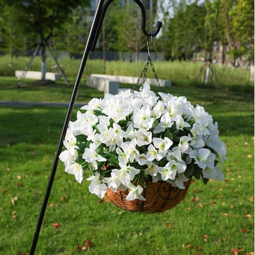 Artificial Hanging Flowers Faux Plants Basket for Outdoors Spring Summer Decor, Fake Silk Bougainvillea in Planter Outdoor Look Real UV Resistant Faux Flower for Outside Porch Patio Garden Home, White - color: White-new