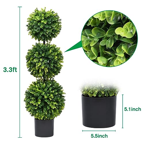 Lvydec 2 Pack Artificial Boxwood Topiary Tree, 3ft Topiary Ball Tree Potted Plants Decoration for Front Door Porch Home Living Room, Indoor/Outdoor Use