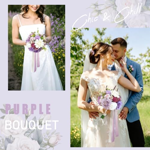 9 Inch Dusty Purple Wedding Bouquets for Bride Bridesmaid, Artificial Fake Lavender Purple Lilac Flowers Bridal Bouquet Spring Fall Boho Vintage Rustic Wedding Decoration Toss Bouquet Prom Anniversary - color: Lavender Purple Lilac
