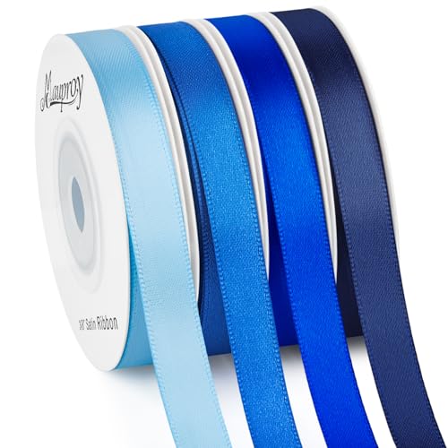 Mauproy 3/8 Inch Blue Satin Ribbon, 4 Rolls Total 40 Yards, Double Faced Mixed Blue Thin Ribbon for Gift Wrapping, Flower Bouquets, Crafts, Wedding, Father's Day Decorations - color: Blue