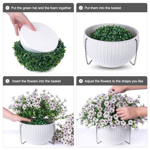 HyeFlora Artificial Fake Hanging White Flowers Plants Basket for Outdoor Outside Fall Winter, Faux Silk Daisy UV Resistant Look Real for Christmas Porch Patio Balcony Home Yard Decoration - color: Creamy White