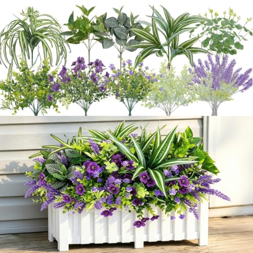 20 Bundles Fake Plants Outdoor Real Looking Artificial Flowers with Greenery UV Resistant Shrubs Faux Outside Plants for Planter Window Box Garden Patio Front Porch Yard Decor（Purple） - color: Mixed 20pcs