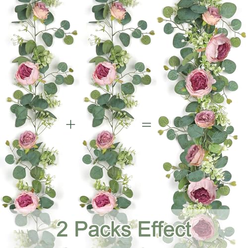 Artificial Flowers Garland 6FT Eucalyptus Flower Garlands Vintage Peony Rose Vine Faux Floral Garland for Wedding Party Arch Table Wall Backdrop Decoration (Vintage Pink, 4PCS) - color: Vintage Pink, size: 4PCS