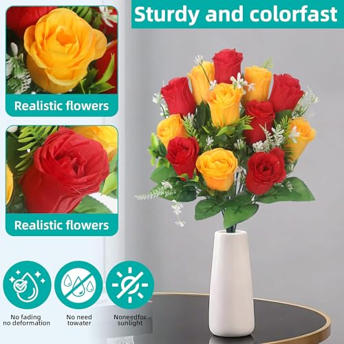 Artificial Rose Bouquets Fake Roses Flowers Set of 4 Realistic Silk Flowers for Cemetery Headstone Home Wedding Decoration UV Resistant No-Fading(Red Yellow) - color: Red Yellow