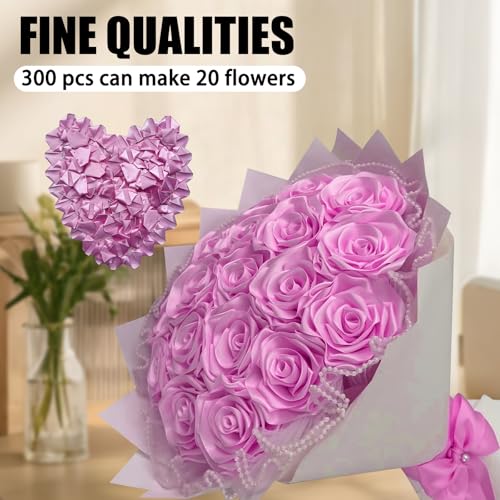 300Pcs Premade Satin Ribbon Rose Petals Half-Finished for Eternal Rose DIY Ramos Forever Flowers Bouquets Everlasting Floral,for Wedding,Anniversary,Birthday (300 Pcs Rose Pink) - color: 300 Pcs Rose Pink