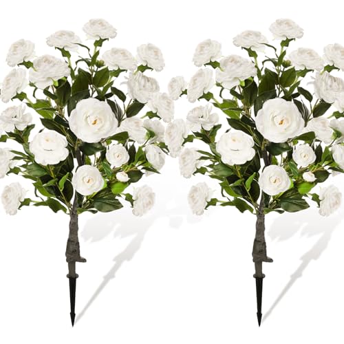 Lunmon 2 Pack 3ft Artificial Camellia Plants Tree 36" Faux Camellia Flower with Spike UV Resistant Realistic Fake Floral Blooming Bush for Indoor Outdoor Front Door Porch Backyard Garden, White - color: White, size: 3 ft