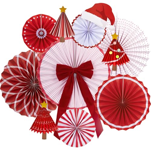Christmas Paper Fan Decorations Christmas Decorations Classroom Red Hanging Paper Fans 10PCS with Santa Hat Gold Stars for Xmas Winter New Year Wall Ceiling Party Holiday - color: Interest for Christmas
