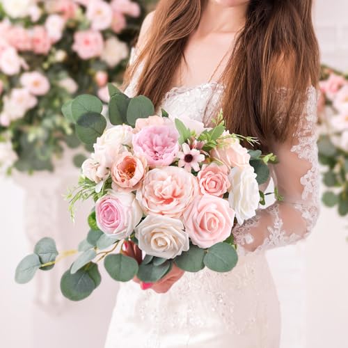 AmyHomie Blush Pink Artificial Flowers Combo Silk Rose Fake Flowers w/Stem for DIY Wedding Bouquets Centerpieces Arrangements Table Fall Decor Party Bridal Baby Shower Home Decorations - color: Blush Pink