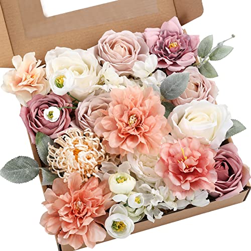 YYHUAWU Artificial Flowers Combo Set Fake Flower Leaf Box with Stems for DIY Wedding Bouquets Centerpieces Flower Arrangements Decorations Baby Shower Party Home Decorations White Pink - color: White Pink