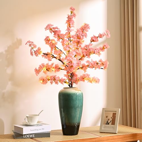 Sunm Boutique 3 PCS Silk Cherry Blossom Branches - Lighted Brown Twig Branches, Artificial White Flower Stems, 39'' Faux Tree for Wedding Home Decor - color: Pink Cherry Blossom With Tree Led Light, size: Pack of 3
