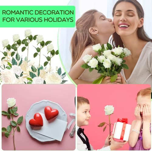 Hotop 80 Pcs Rose Artificial Flowers Bulk with Long Stem, Silk Roses Realistic Fake Flowers Bouquet for Wedding Table Centerpieces Bridal Shower Party Home Decorations(White) - color: White