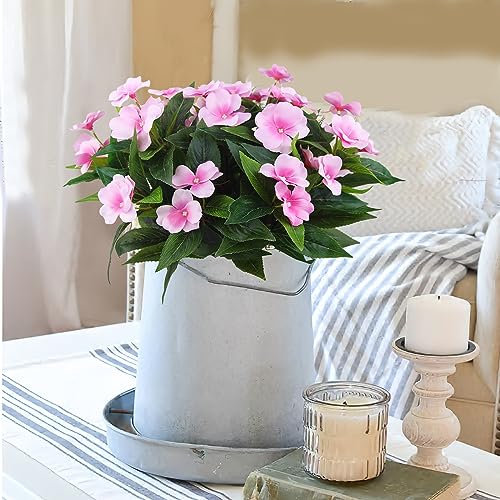 2 Branches Artificial Impatiens Flowers Faux Impatiens Bushes Pink Silk Flowers Greenery Artificial Impatiens Bouquet for Outdoors Patio Lawn Garden Pot Hanging Basket Porch Decoration - color: Pink