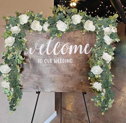 Artificial Eucalyptus Flower Garland with White Roses, Fake Rose Flower Vine, Faux Floral Greenery Garland for Table Centerpiece Wedding Home Party Wall Arch Decor