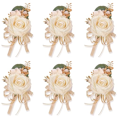 Champagne Boutonniere for Men Wedding, Set of 6, Groom and Best Man Boutonniere for Wedding Ceremony Anniversary, Formal Dinner Party and Rustic Fall Wedding Prom - color: Champagne1# Boutonniere(set of 6)