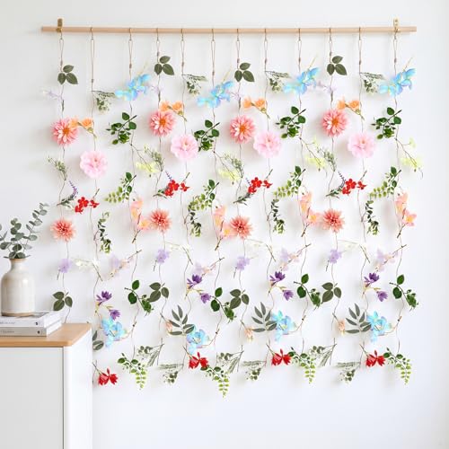 ACOCO 12 Pcs 72FT Artificial Wildflower Garlands, Faux Silk Hanging Flower Vines with Jute Rope & Green Leaves, 3 Styles Fake Floral Garland for Garden Home Decor