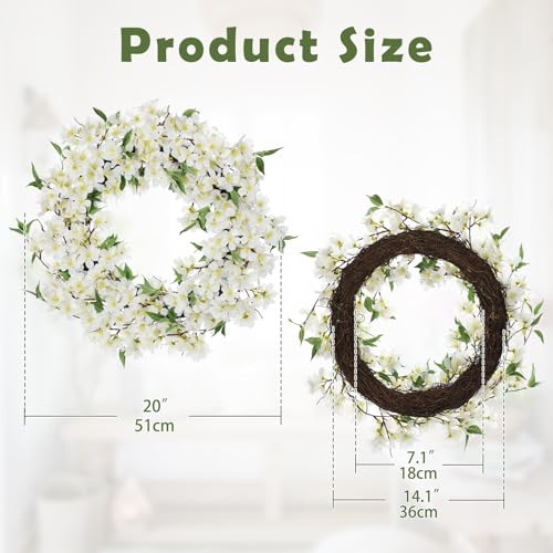 Spring Summer Wreaths for Front Door, 20 Inch Cherry Blossom Wreaths for Spring Summer Decor, White Wreaths for Front Door, Window, Home, Wall, Porch, Farmhouse Decor, Spring Artificial Flower Wreaths - color: # White 20"