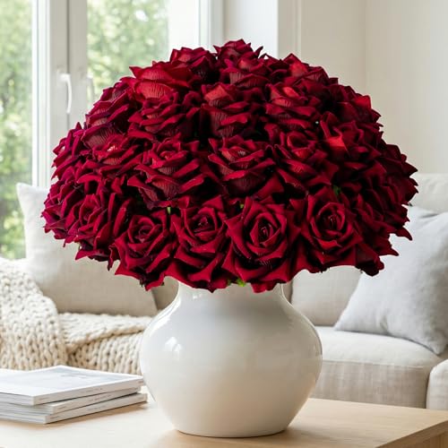 Ttranewsoo Fake Roses Faux Flowers Silk Roses Artificial Roses with Stems Realistic Artificial Flowers Suitable for Indoor Home Decoration Diy Bouquet Wedding Decor Party Decor 36PCS(16.5In,Black red) - color: Black Red 36pcs