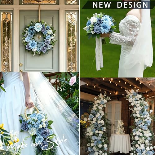 Dusty Blue Artificial Flowers Combo Box Silk Roses Dahlia DIY Cake Flowers Bridal Wedding Bouquets Navy Royal Blue White Fake Floral Arrangements Baby Shower Party Table Centerpieces Home Decor Bulks - color: Dusty Blue, White, Navy