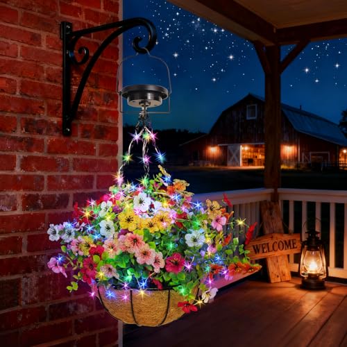 GOESWELL Solar Hanging Flowers Basket: 7Pcs Faux Silk Flower with Baskets - UV Resistant Fake Flower Basket for Outdoor Fall Yard Front Porch Decor - Gardeners Retirees Homeowners Gifts - size: 10inch, style: round - colorful