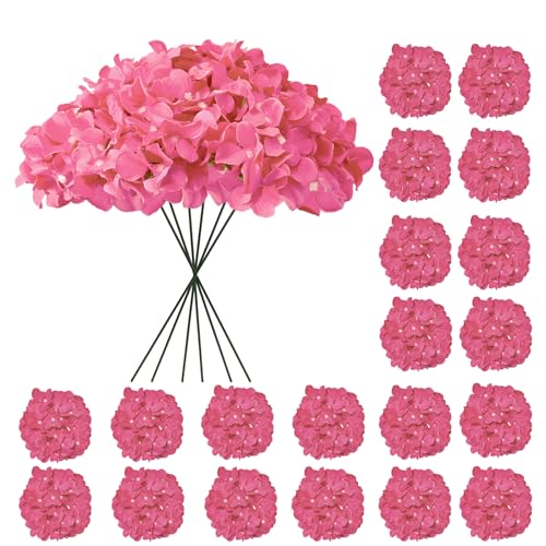 Hydrangea Artificial Flowers, 20 Pcs Hot Pink Hydrangea Artificial Flowers Bulk, Faux Hydrangea Flowers For Outdoor, Fake Silk Fuchsia Hydrangea Flowers With Stems For Wedding Decoration Decor - color: Fuchsia, size: 20 Pcs
