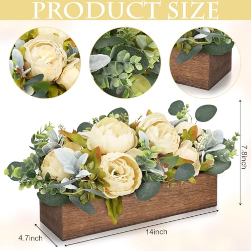 Flower Table Centerpieces for Dining Room, Summer Artificial Peony Table Centerpieces Wood Tray with Fake Flowers for Wedding Living Room Party Bar Kitchen Table(Champagne) - color: Champagne