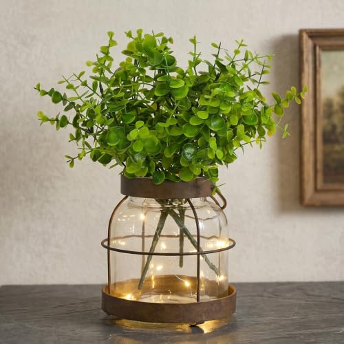 Rustic Farmhouse Table Centerpiece with Artificial Eucalyptus & Fairy Lights, Glass Vase in Metal Lantern Frame, Battery Operated Ambient Decor for Living Room & Kitchen, 13.4" Tall - color: Vase+eucalyptus+light